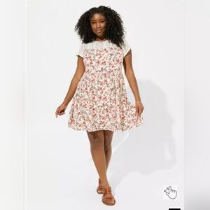 Floral Mini Washable Gauze Lace Yoke Trapeze Dress